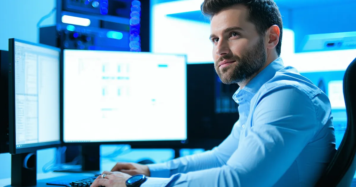An IT professional at a workstation reviewing a technical runbook on a monitor